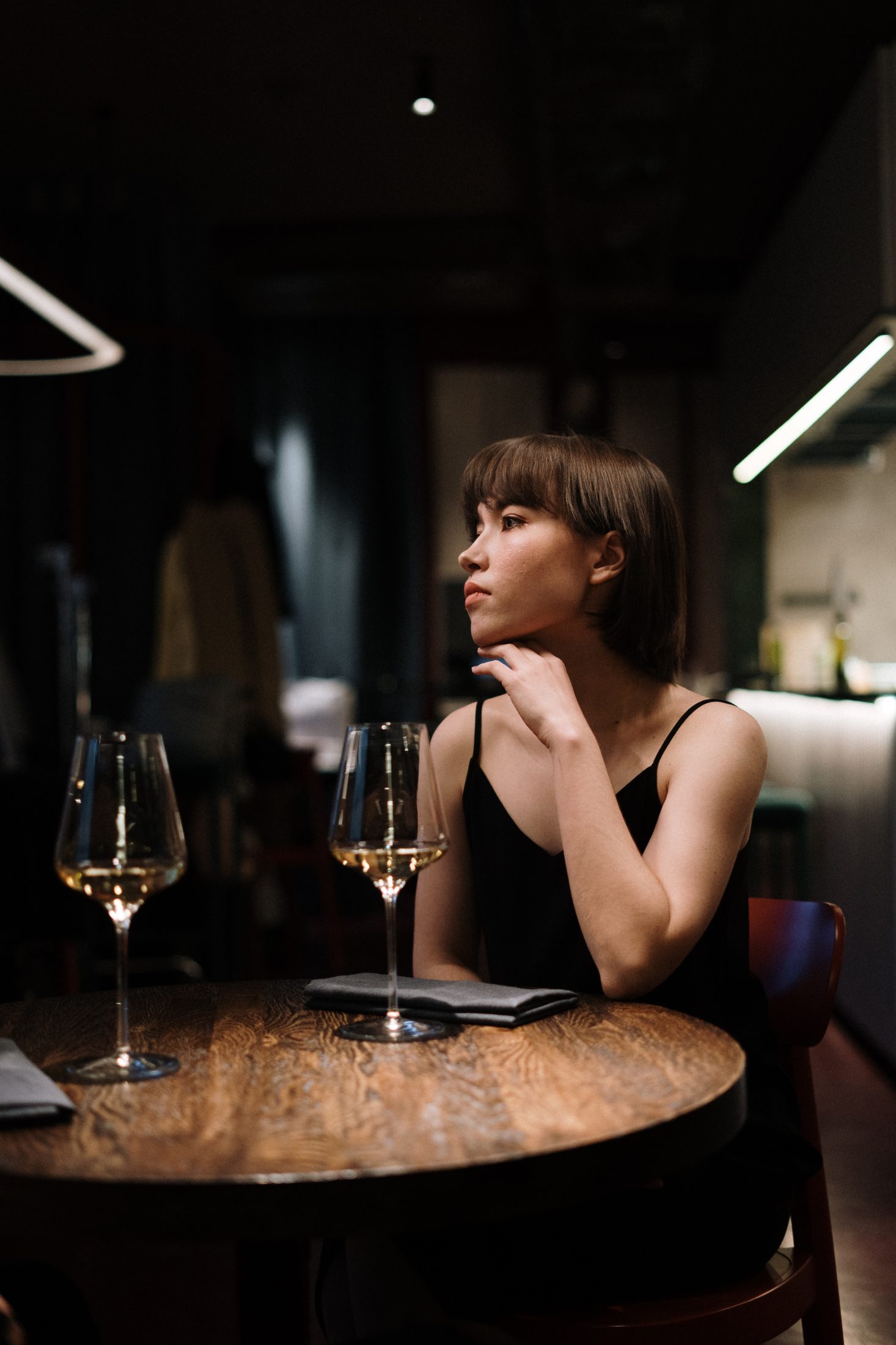 Wine glasses on a restaurant table